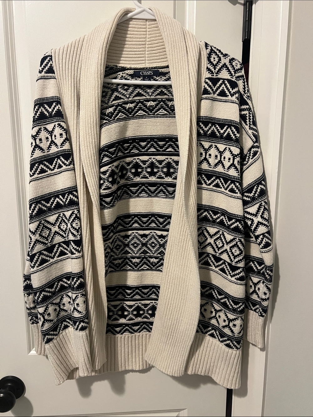 Chaps Cream & Black Nordic Open Front Sweater Cardigan Ralph Lauren Medium